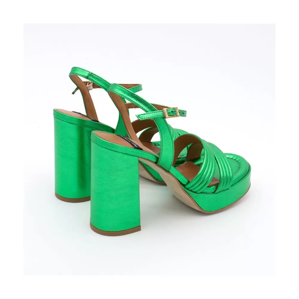 Mujer Ángel Alarcón Amber - Sandalia De Tiras De Piel Metalizada Con Tacon Ancho Y Plataforma