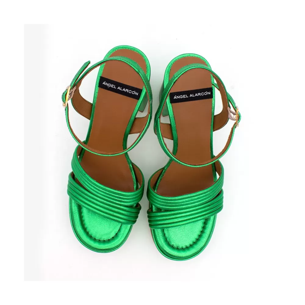 Mujer Ángel Alarcón Amber - Sandalia De Tiras De Piel Metalizada Con Tacon Ancho Y Plataforma