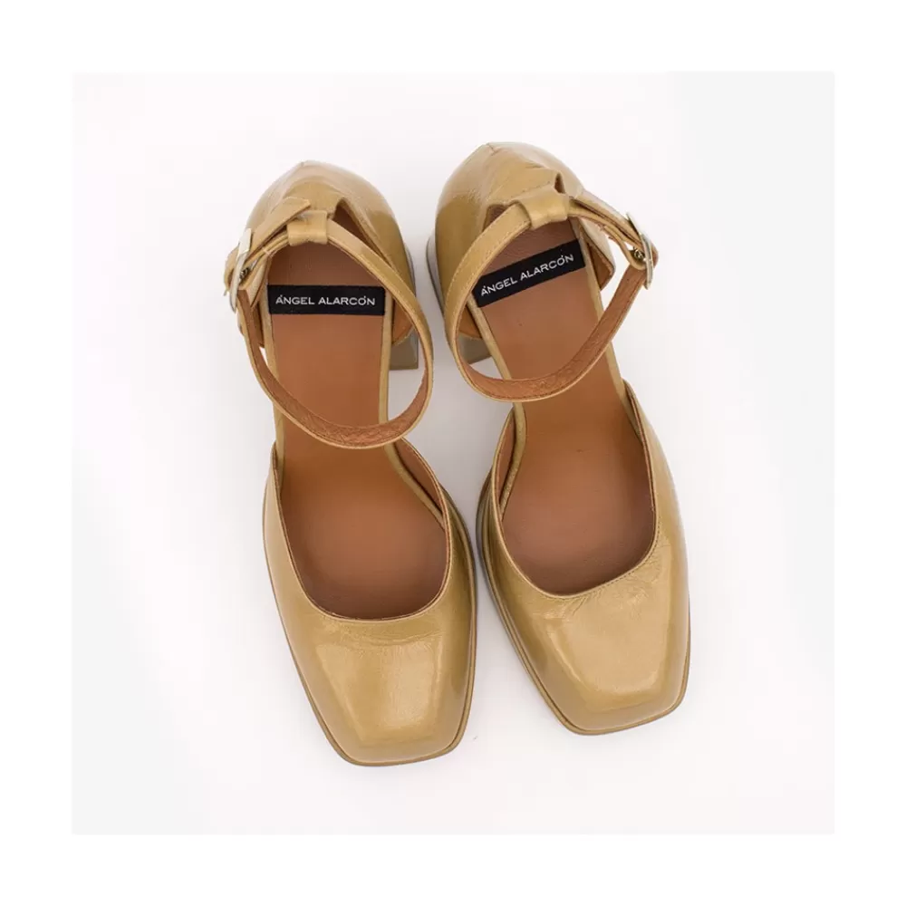 Mujer Ángel Alarcón Anna - Zapatos De Piel Brillante Con Pulsera, Tacon Ancho Y Plataforma
