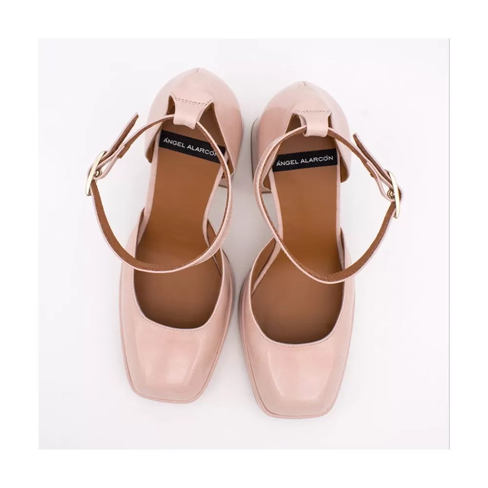 Mujer Ángel Alarcón Anna - Zapatos De Piel Brillante Con Pulsera, Tacon Ancho Y Plataforma